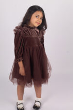 WD3986 طقم مخمل بني بكشكش – فستان ورومبر - Image 2