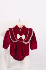 WD4326 رومبر مخمل بكشكش وفيونكة – أحمر - Image 2