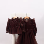 WD3986 طقم مخمل بني بكشكش – فستان ورومبر