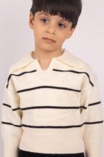 WD4099 بلوفر مخطط بياقة واسعة – أوف وايت × أسود - Image 4