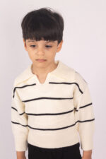 WD4099 بلوفر مخطط بياقة واسعة – أوف وايت × أسود - Image 6