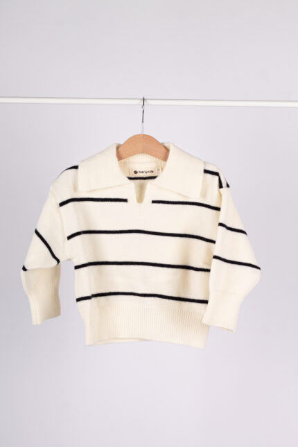 WD4099 بلوفر مخطط بياقة واسعة – أوف وايت × أسود