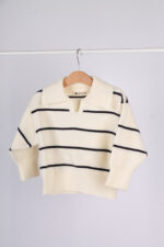 WD4099 بلوفر مخطط بياقة واسعة – أوف وايت × أسود - Image 15