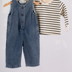 23157 طقم أولادي قطعتين – سالوبيت جينز بدون أكمام + قميص مخطط