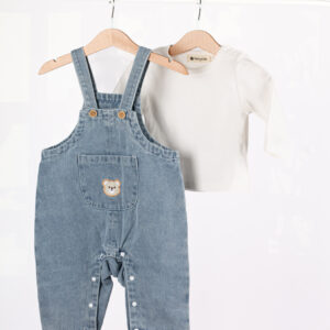 WD3637طقم أولادي قطعتين – سالوبيت جينز مطرّز + قميص أبيض