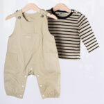 WD4054 طقم أولادي قطعتين – قميص مخطط + سالوبيت بيج